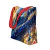 Abstract art tote bag with red straps.
