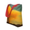 Red-handled tote bag, wildfire sunset scene.