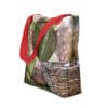 Red tote bag with hanging basket image.