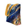 Abstract tote bag with mustard straps.