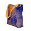 Abstract tote bag with orange straps.
