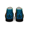 A pair of shoes with blue and orange designs on them.