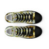 A pair of shoes with yellow and black design.