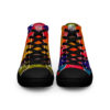 A pair of colorful shoes with black laces.