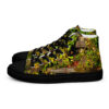 A pair of shoes with a picture of trees and bushes.