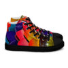 A pair of colorful shoes with a black sole.