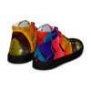 A pair of colorful shoes with a black sole.