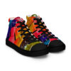 A pair of colorful shoes with black laces.