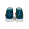 A pair of shoes with blue and yellow designs on them.