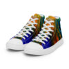 A pair of colorful sneakers with a rainbow design.