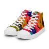 A pair of colorful sneakers with white laces.