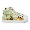 A pair of shoes with yellow and white marble design.