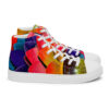 A pair of colorful shoes with a design on them.