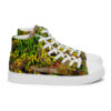 A pair of shoes with grass and trees on them.