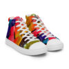 A pair of colorful sneakers with white laces.