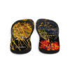 A pair of flip flops with abstract designs on them.