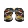 A pair of flip flops with colorful abstract design.
