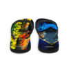 A pair of flip flops with different designs on them.