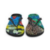 A pair of flip flops with different designs on them.