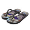 A pair of flip flops with a picture of a person in the background.