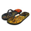 A pair of flip flops with colorful abstract design.