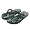 A pair of flip flops with an image of trees.