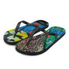 A pair of flip flops with different designs on them.