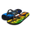 A pair of flip flops with different colored designs.