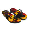 A pair of flip flops with flames on them.