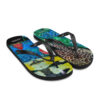 A pair of flip flops with different designs on them.