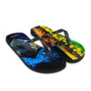 A pair of flip flops with different designs on them.