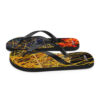 A pair of flip flops with a picture of fire and water.