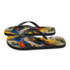 A pair of flip flops with a colorful abstract design.