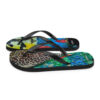 A pair of flip flops with different designs on them.
