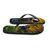 A pair of flip flops with a picture of a dandelion.