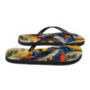 A pair of flip flops with colorful abstract designs.