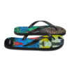 A pair of flip flops with different designs on them.