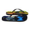 A pair of flip flops with different designs on them.