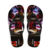 A pair of flip flops with an image of a bottle and glass.