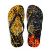A pair of flip flops with fire and smoke designs.