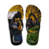 A pair of flip flops with a picture of flowers.