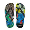 A pair of flip flops with different designs on them.