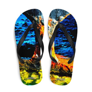 A pair of flip flops with an image of the ocean.