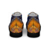 A pair of shoes with an orange and blue design.