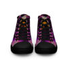 A pair of purple and black shoes with a design on them.