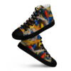 A pair of black shoes with colorful abstract design.
