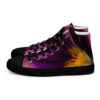 A purple and yellow flower on a black shoe.