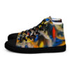 A pair of shoes with colorful abstract designs.