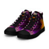 A pair of purple and yellow sneakers on top of a black shoe.