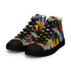 A pair of shoes with colorful abstract designs.